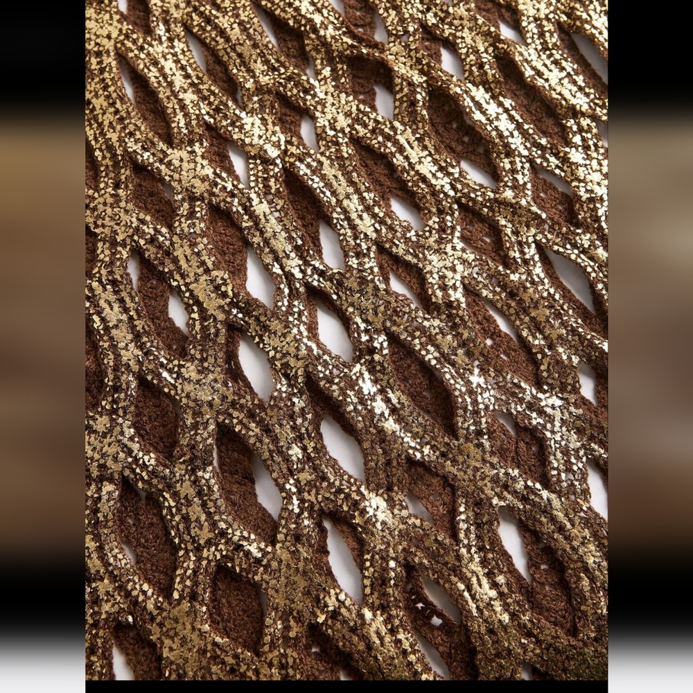 Elegant Knotted Crochet Lace Overlay Embroidered Golden Foil A-Line Skirt - Picture 12 of 12